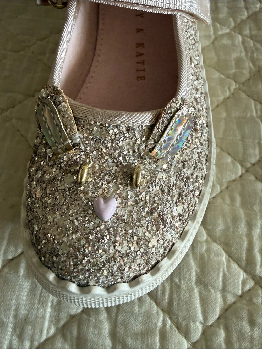 Kelly & Katie Girls' Gold Glitter Bunny Mary Janes with Pink Heart